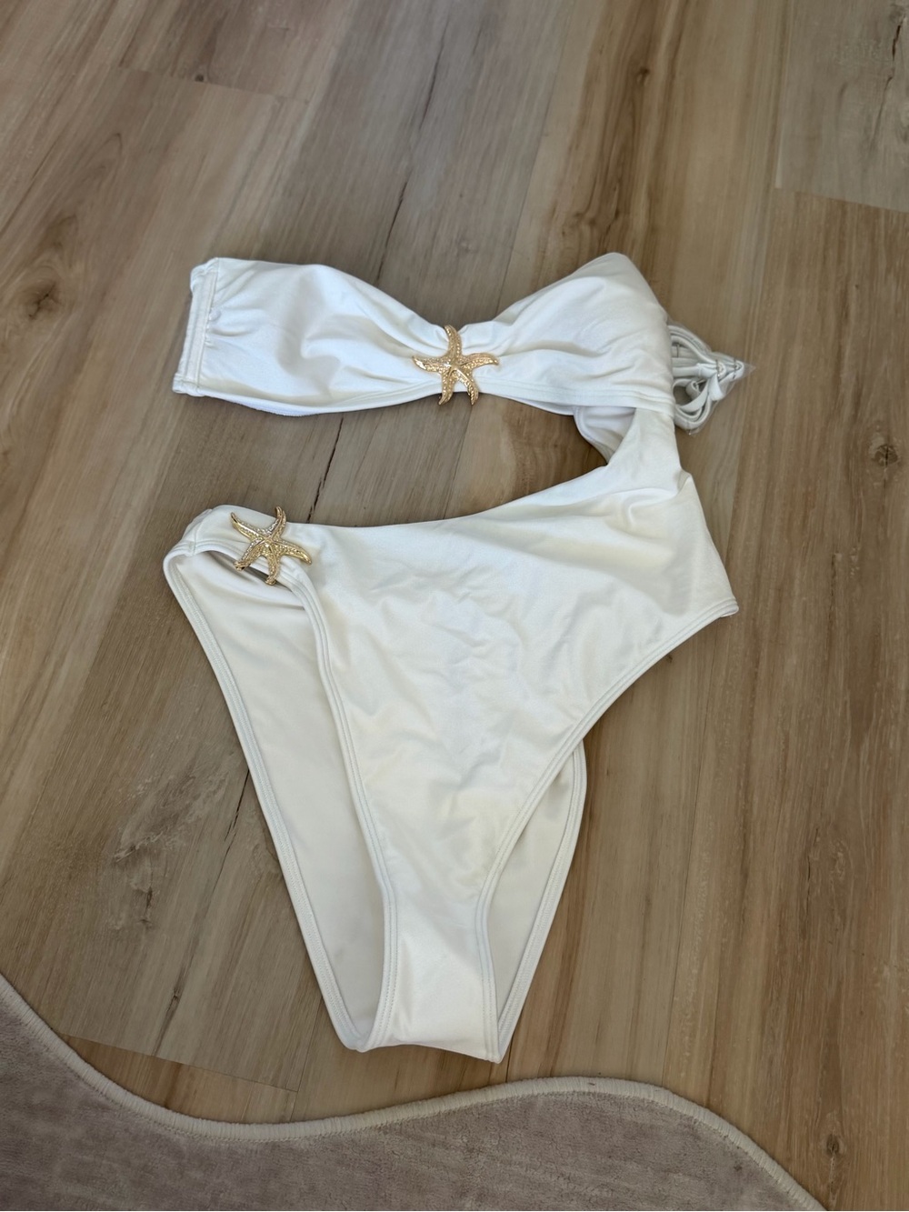 Abercrombie & Fitch White One-Shoulder Bikini with Gold Starfish Accents